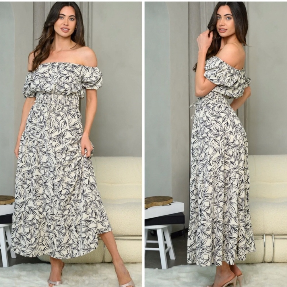 HYFVE Elegant Off-Shoulder Floral Set Top and Midi Skirt Medium